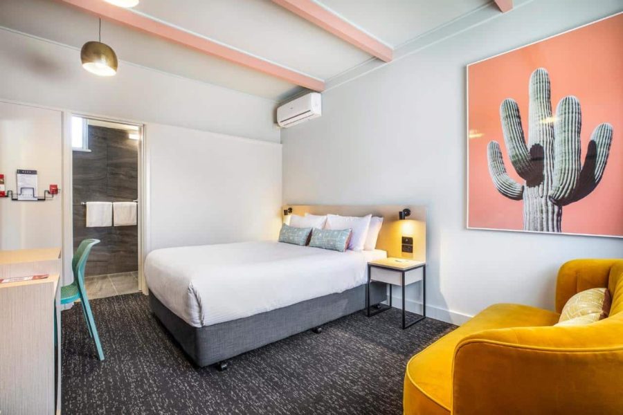 MediStays hotel room with a large comfy bed for country patients staying near the hospital.